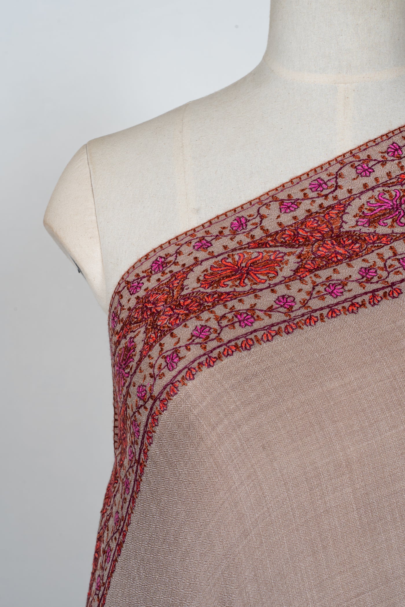 2.5 Yards | Ferozi-Gulzar — Sozni Hand-Embroidered Pashmina Shawl in Cocoa Taupe with Crimson & Fuchsia Border