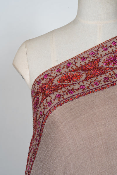 2.5 Yards | Ferozi-Gulzar — Sozni Hand-Embroidered Pashmina Shawl in Cocoa Taupe with Crimson & Fuchsia Border
