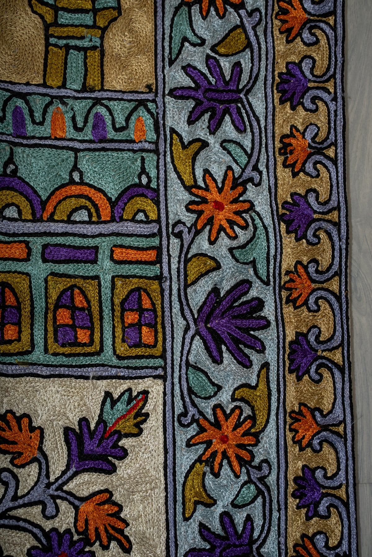 Celestial Twin Minaret Bloom: Hand Embroidered Jainimaz (Prayer Mat)