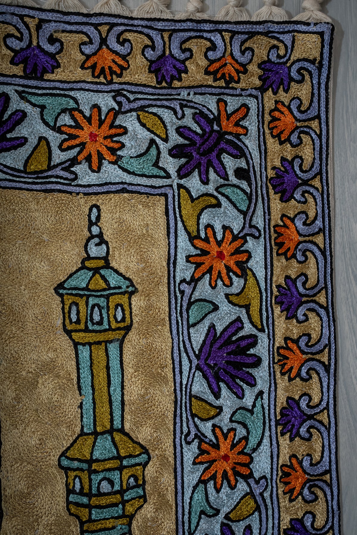 Celestial Twin Minaret Bloom: Hand Embroidered Jainimaz (Prayer Mat)