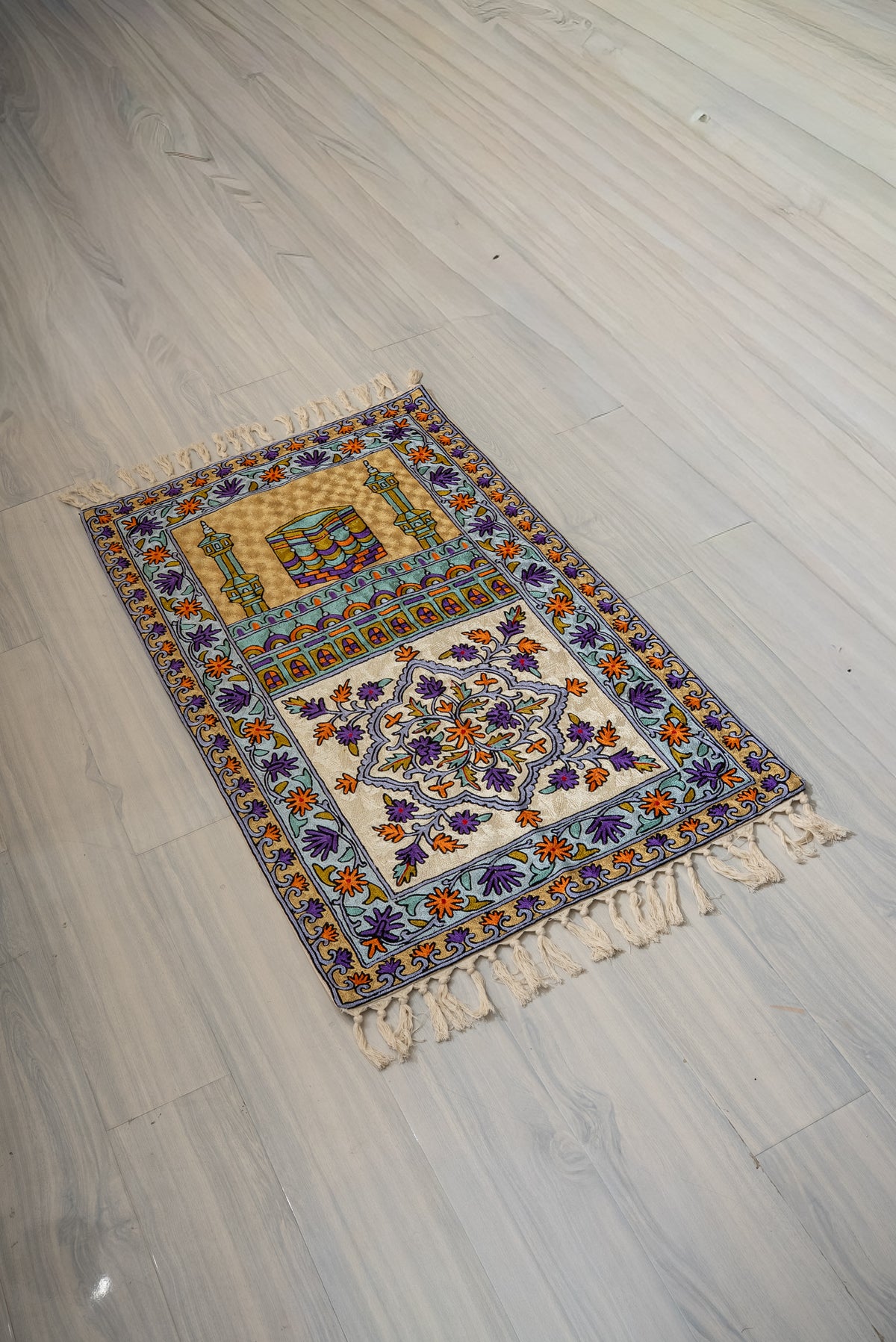 Celestial Twin Minaret Bloom: Hand Embroidered Jainimaz (Prayer Mat)