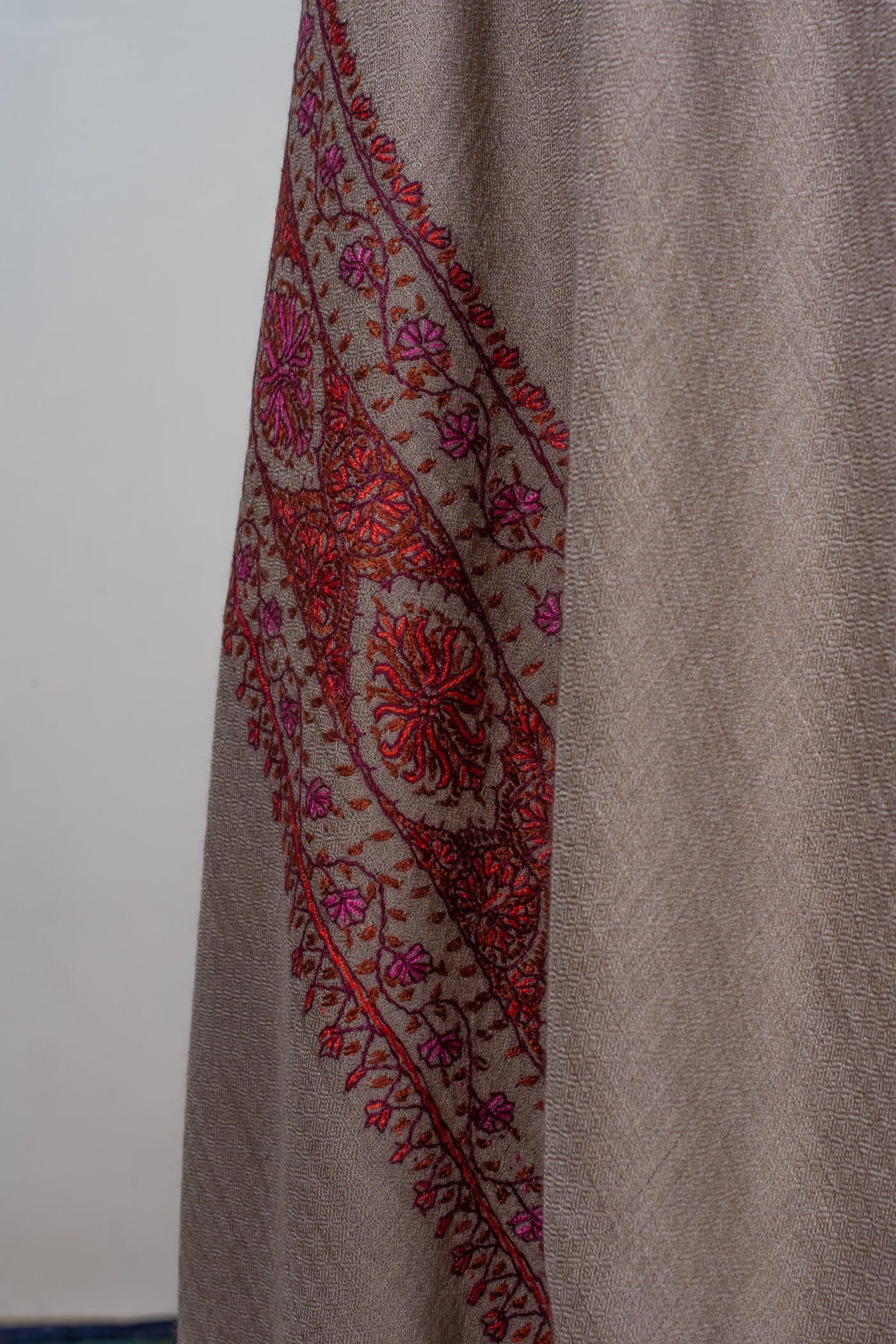 2.5 Yards | Ferozi-Gulzar — Sozni Hand-Embroidered Pashmina Shawl in Cocoa Taupe with Crimson & Fuchsia Border
