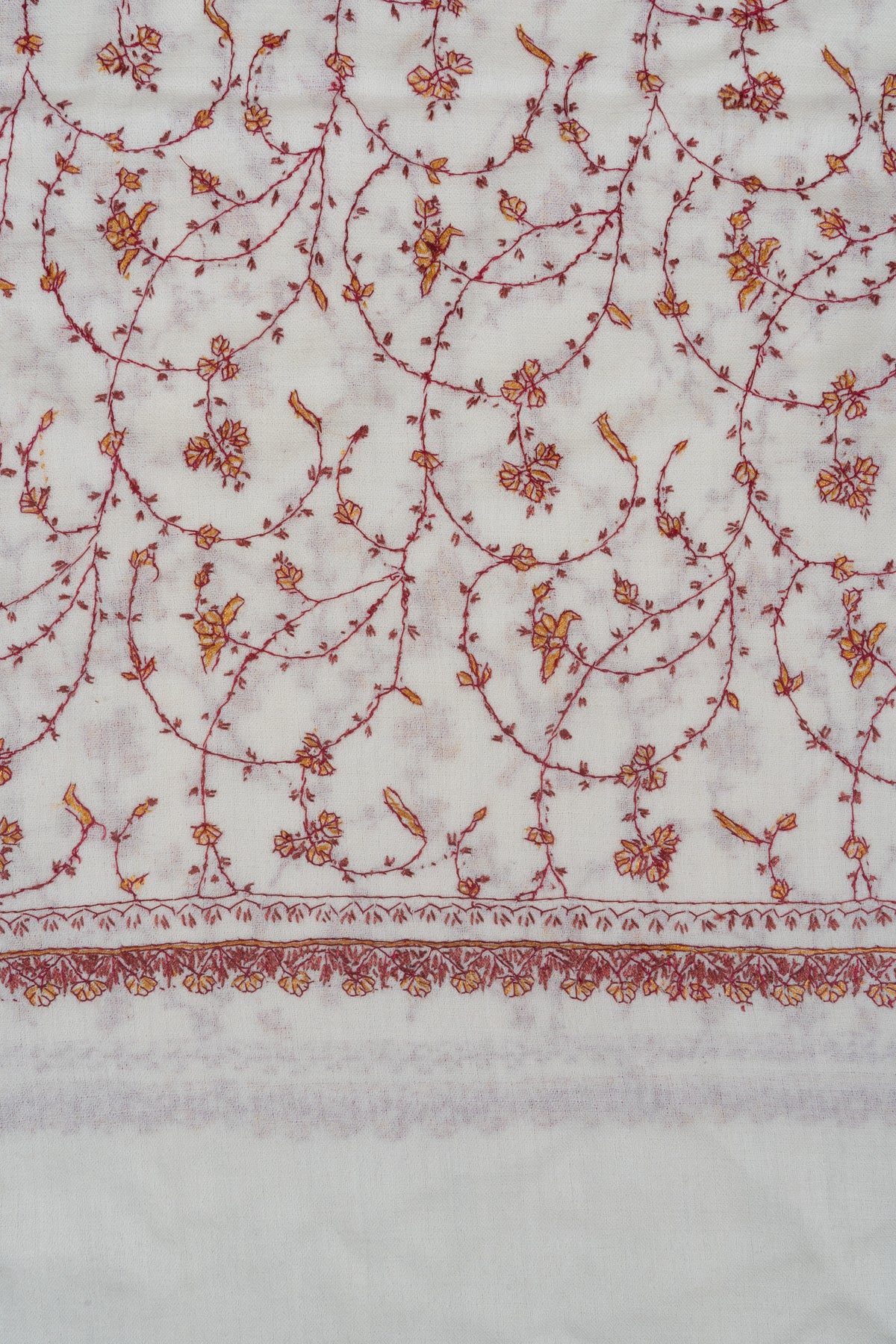 Blossom Vine Ivory: Merino wool 2.5 Yards Sozni Hand Embroidered Shawl