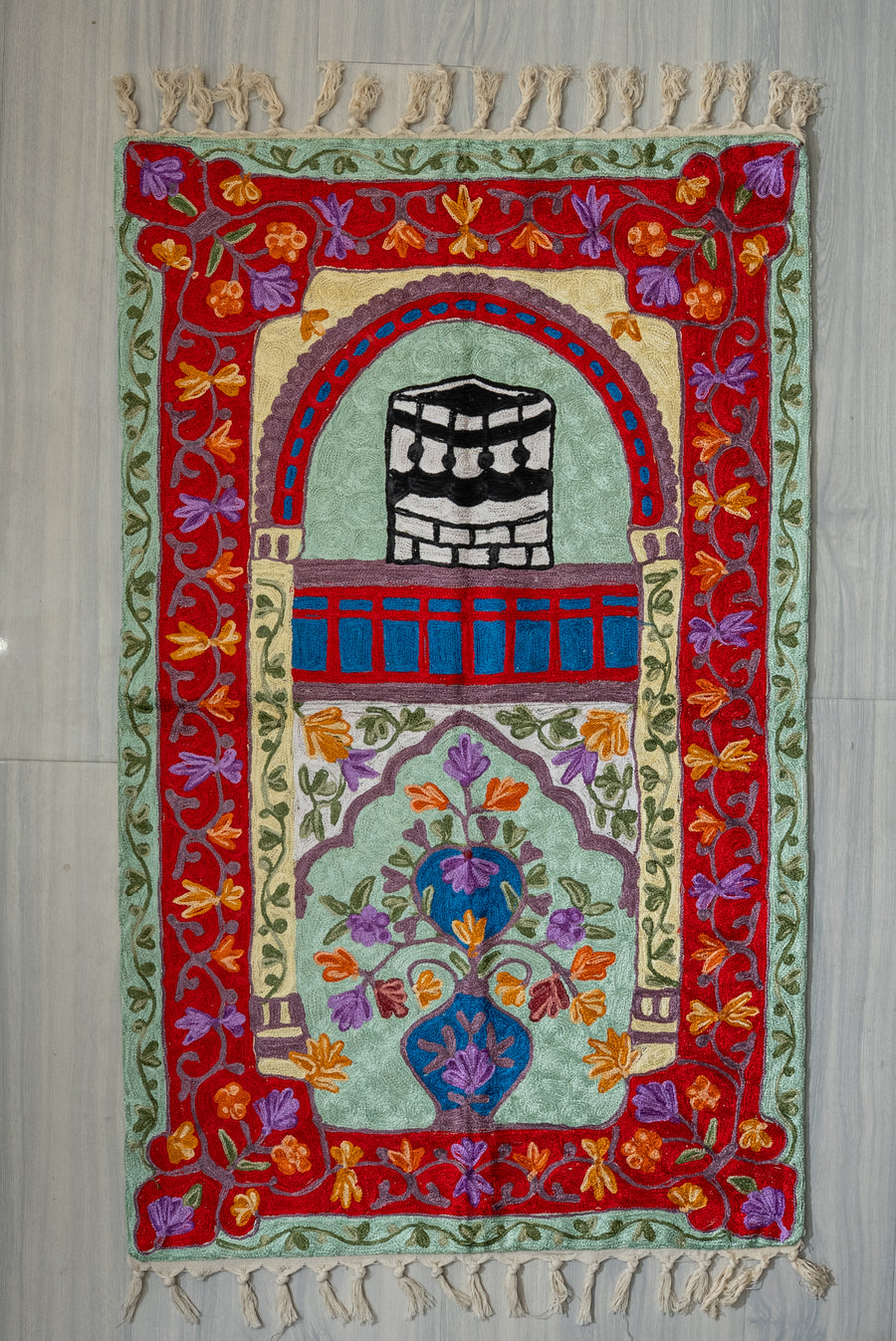 Crimson Arch Sanctuary: Hand Embroidered Jainimaz (Prayer Mat)