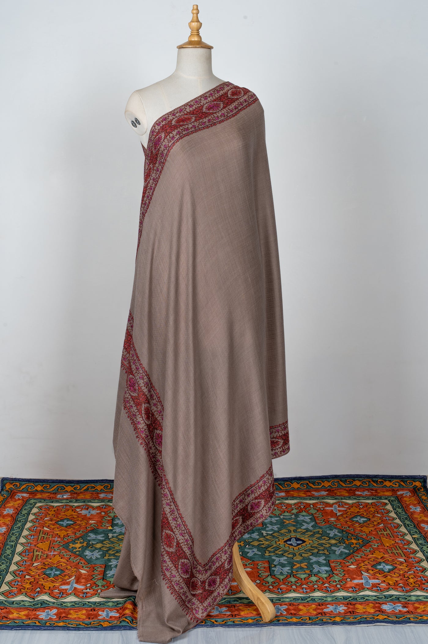 2.5 Yards | Ferozi-Gulzar — Sozni Hand-Embroidered Pashmina Shawl in Cocoa Taupe with Crimson & Fuchsia Border