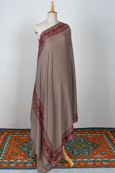 2.5 Yards | Ferozi-Gulzar — Sozni Hand-Embroidered Pashmina Shawl in Cocoa Taupe with Crimson & Fuchsia Border