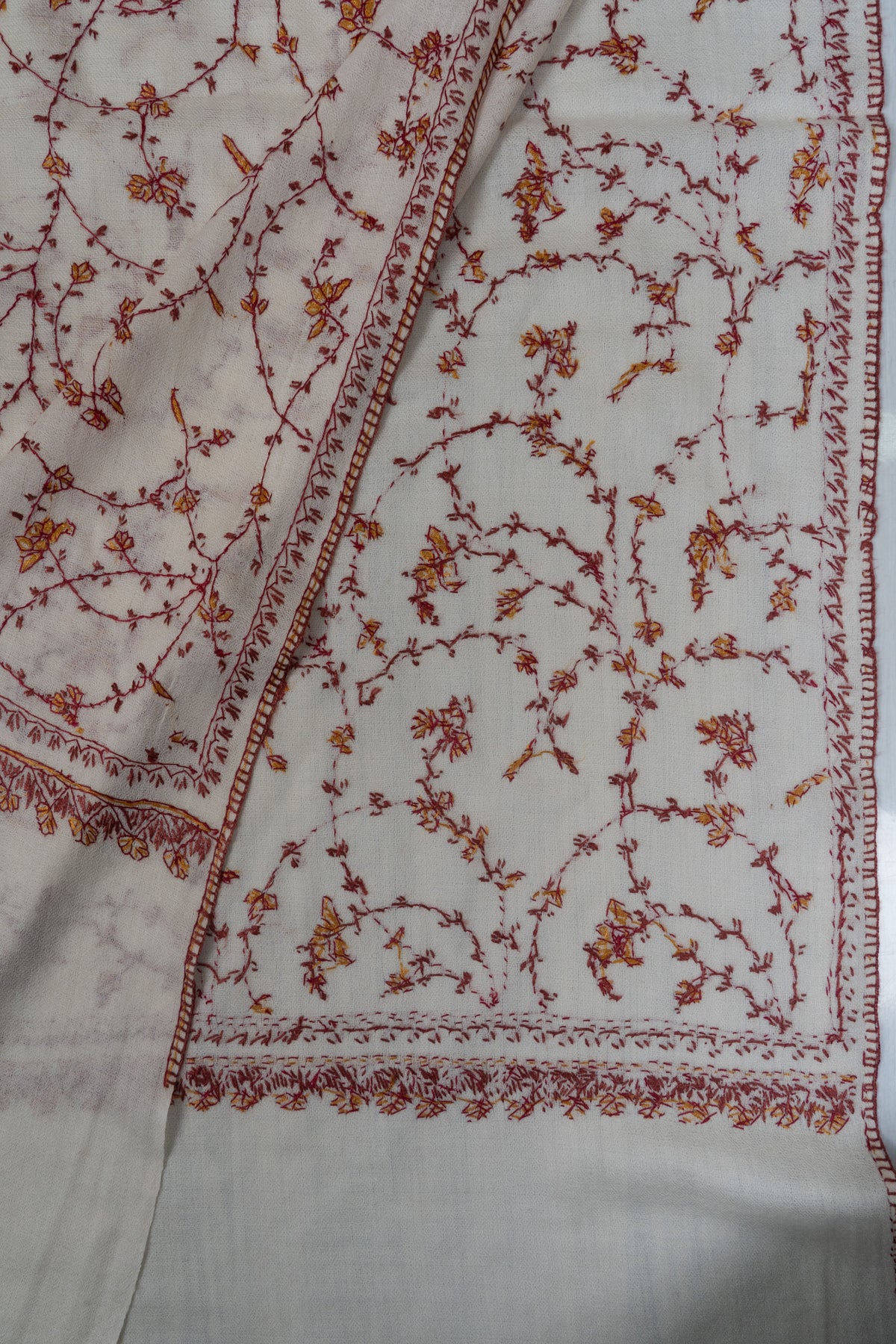 Blossom Vine Ivory: Merino wool 2.5 Yards Sozni Hand Embroidered Shawl