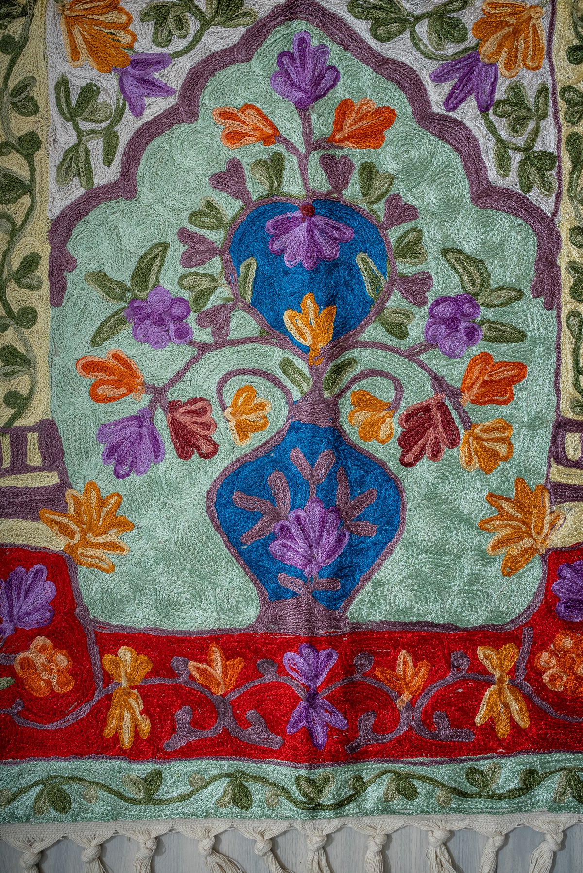 Crimson Arch Sanctuary: Hand Embroidered Jainimaz (Prayer Mat)