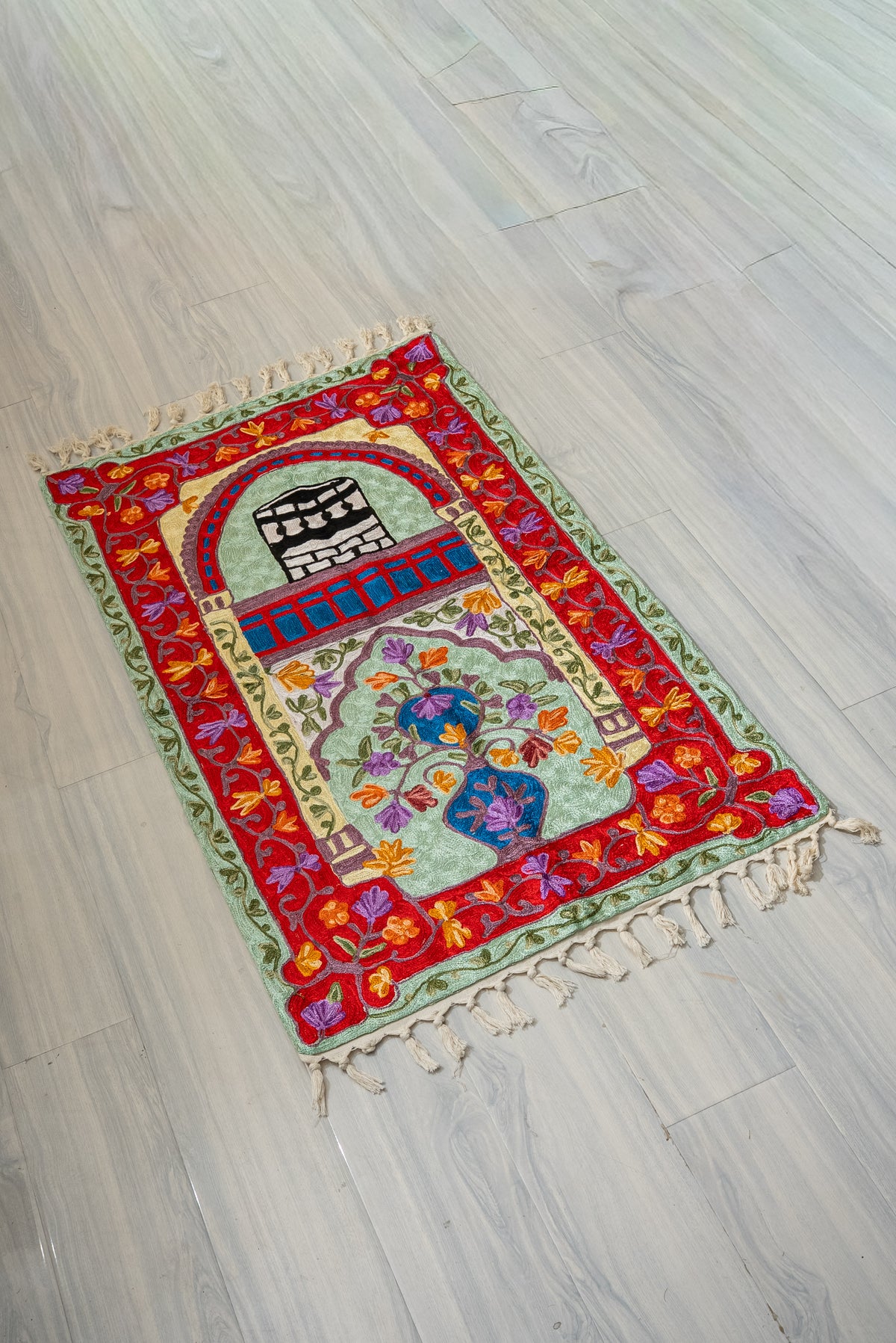 Crimson Arch Sanctuary: Hand Embroidered Jainimaz (Prayer Mat)