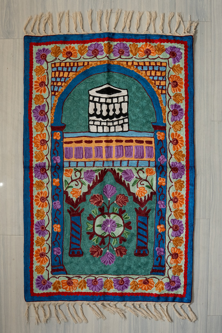 Emerald Arch Bloom: Hand Embroidered Jainimaz (Prayer Mat)