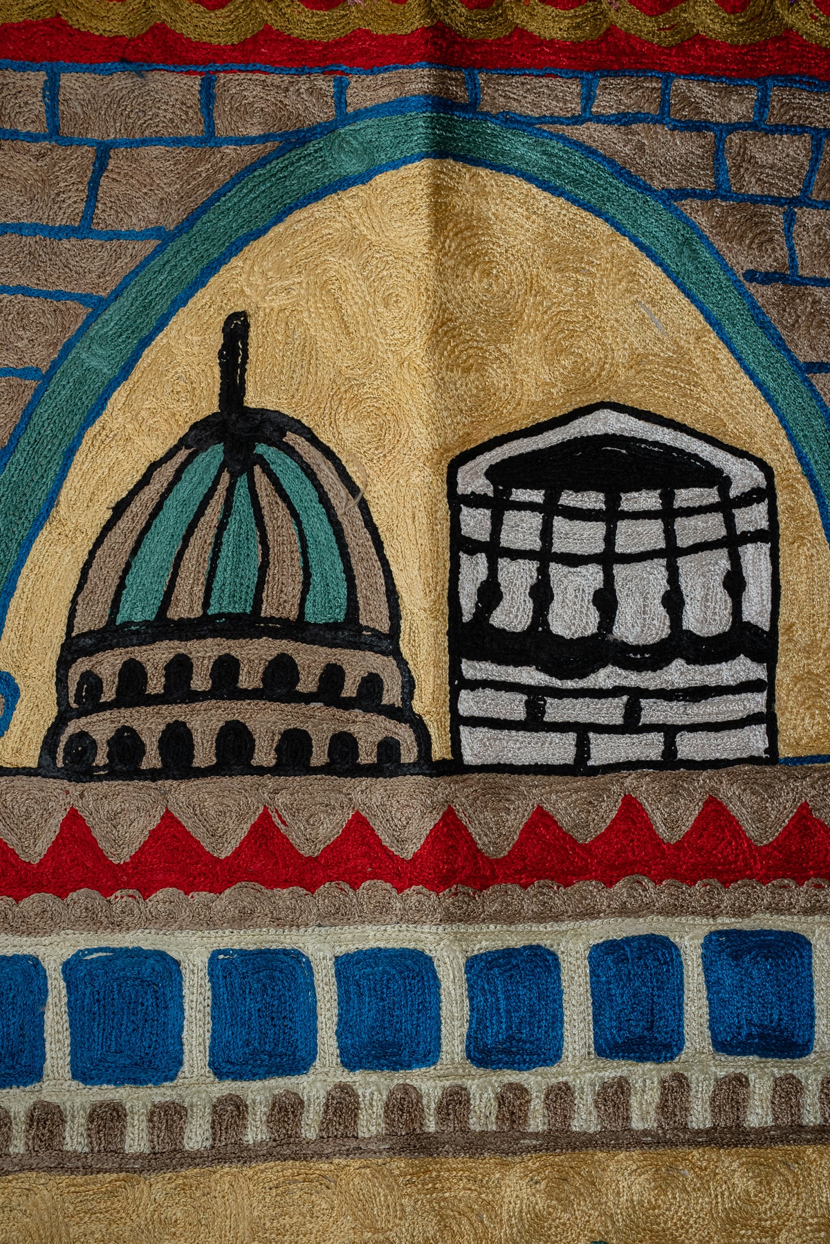 Golden Sanctuary Dual Dome: Hand Embroidered Jainimaz (Prayer Mat)