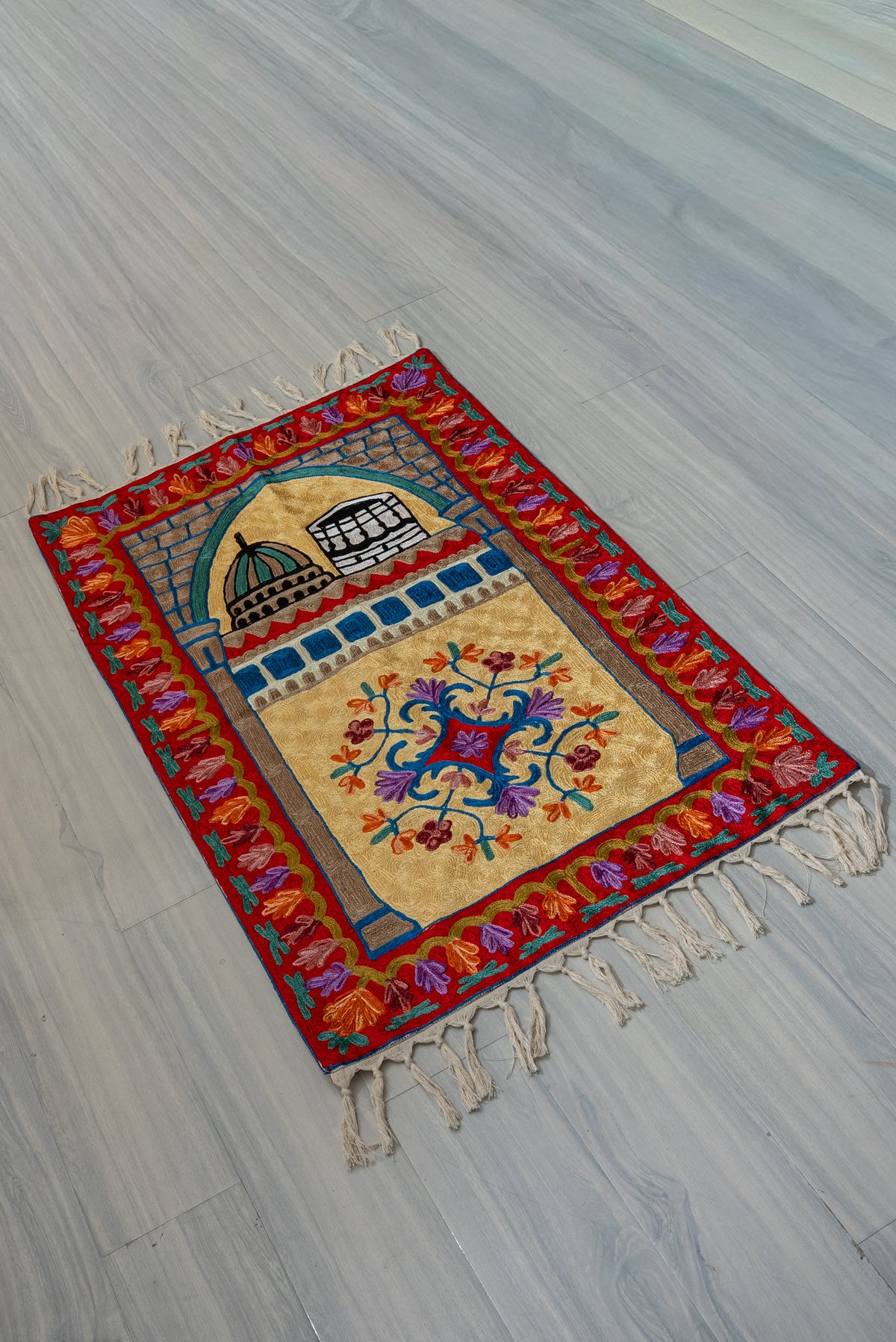 Golden Sanctuary Dual Dome: Hand Embroidered Jainimaz (Prayer Mat)
