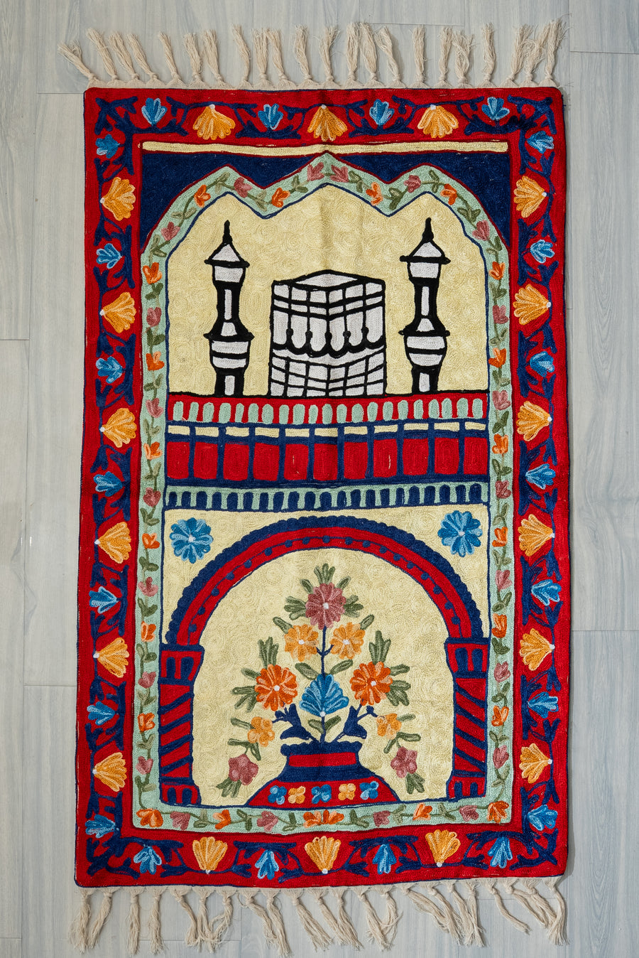 Midnight Minaret Bloom: Hand Embroidered Jainimaz (Prayer Mat)
