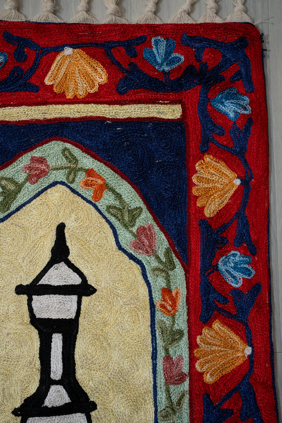 Midnight Minaret Bloom: Hand Embroidered Jainimaz (Prayer Mat)