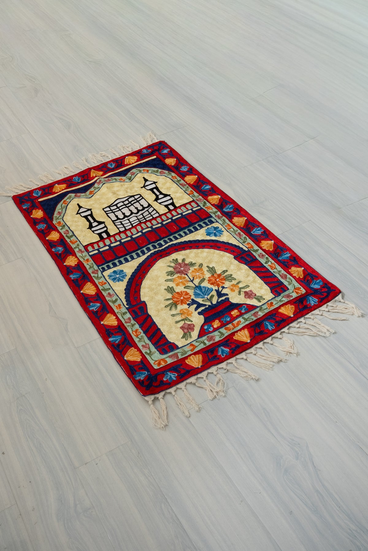 Midnight Minaret Bloom: Hand Embroidered Jainimaz (Prayer Mat)
