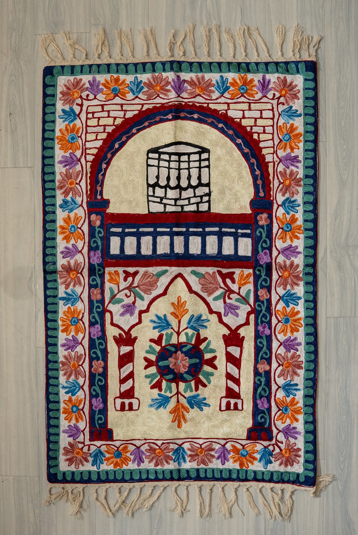Floral Arch Harmony: Hand Embroidered Jainimaz (Prayer Mat)