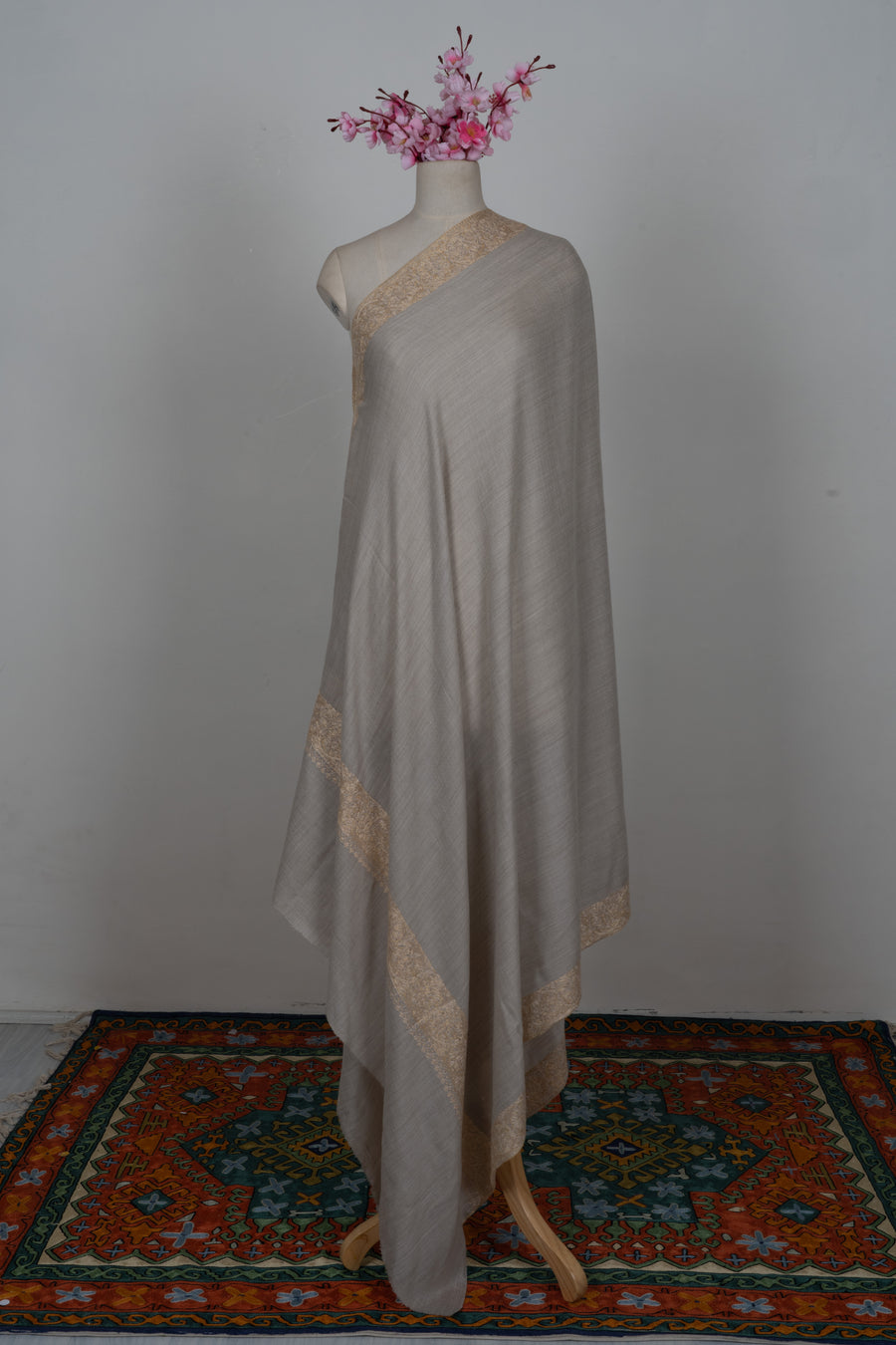 Silver Sand Classic: Merino wool 2.5 Yards Sozni Hand Embroidered Shawl