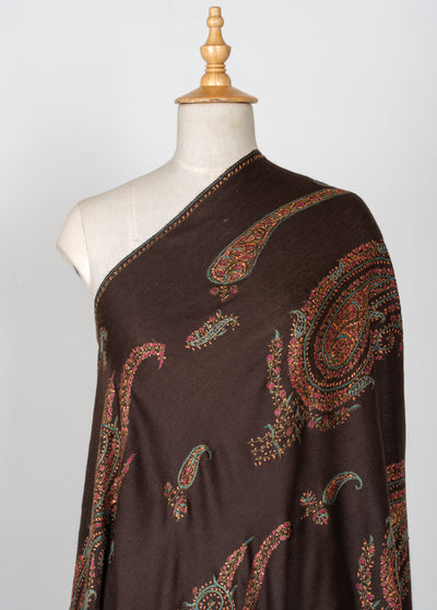 2.5 Yards | Shafaq-e-Tabassum — Sozni Hand-Embroidered Shawl in Deep Cocoa with Paisley Medallions