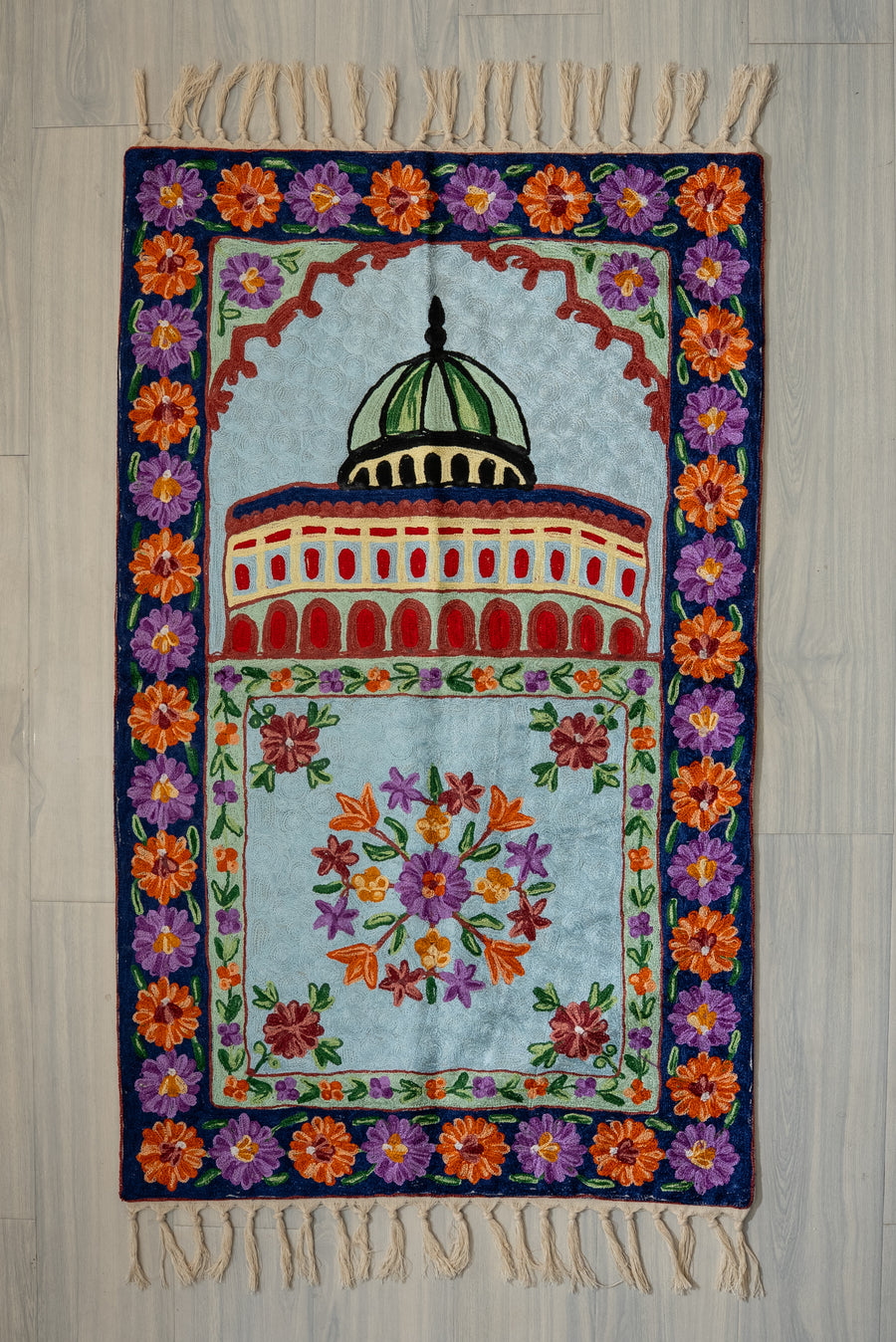 Midnight Floral Dome Grace: Hand Embroidered Jainimaz (Prayer Mat)