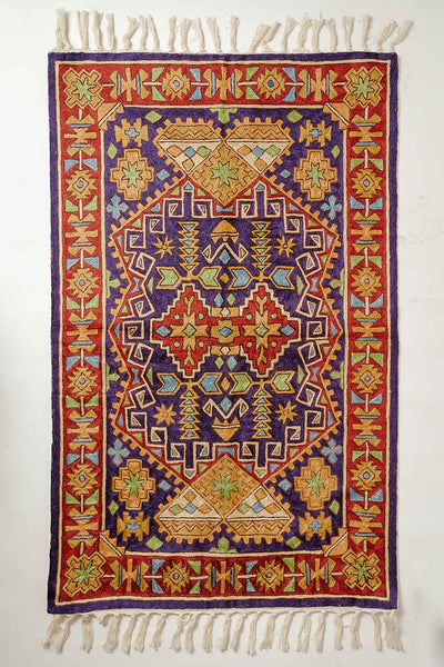 The Silk Tapestry: Handcrafted Vibrant Aari Embroidery Rug from Kashmir - KashmKari