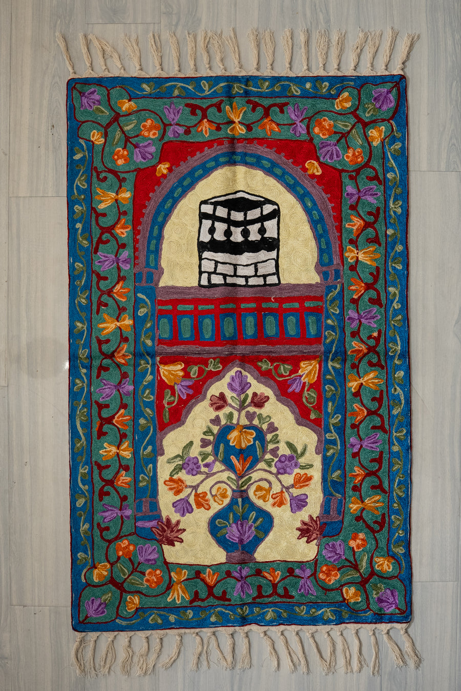 Emerald Arch Blossom: Hand Embroidered Jainimaz (Prayer Mat)