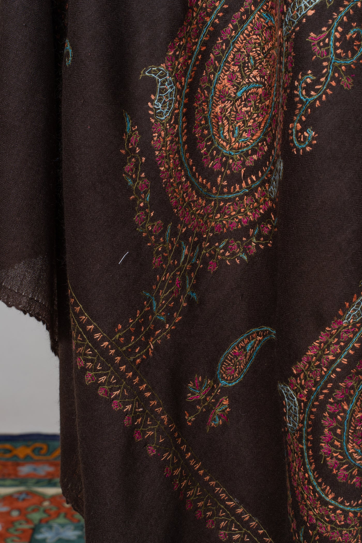 2.5 Yards | Shafaq-e-Tabassum — Sozni Hand-Embroidered Shawl in Deep Cocoa with Paisley Medallions