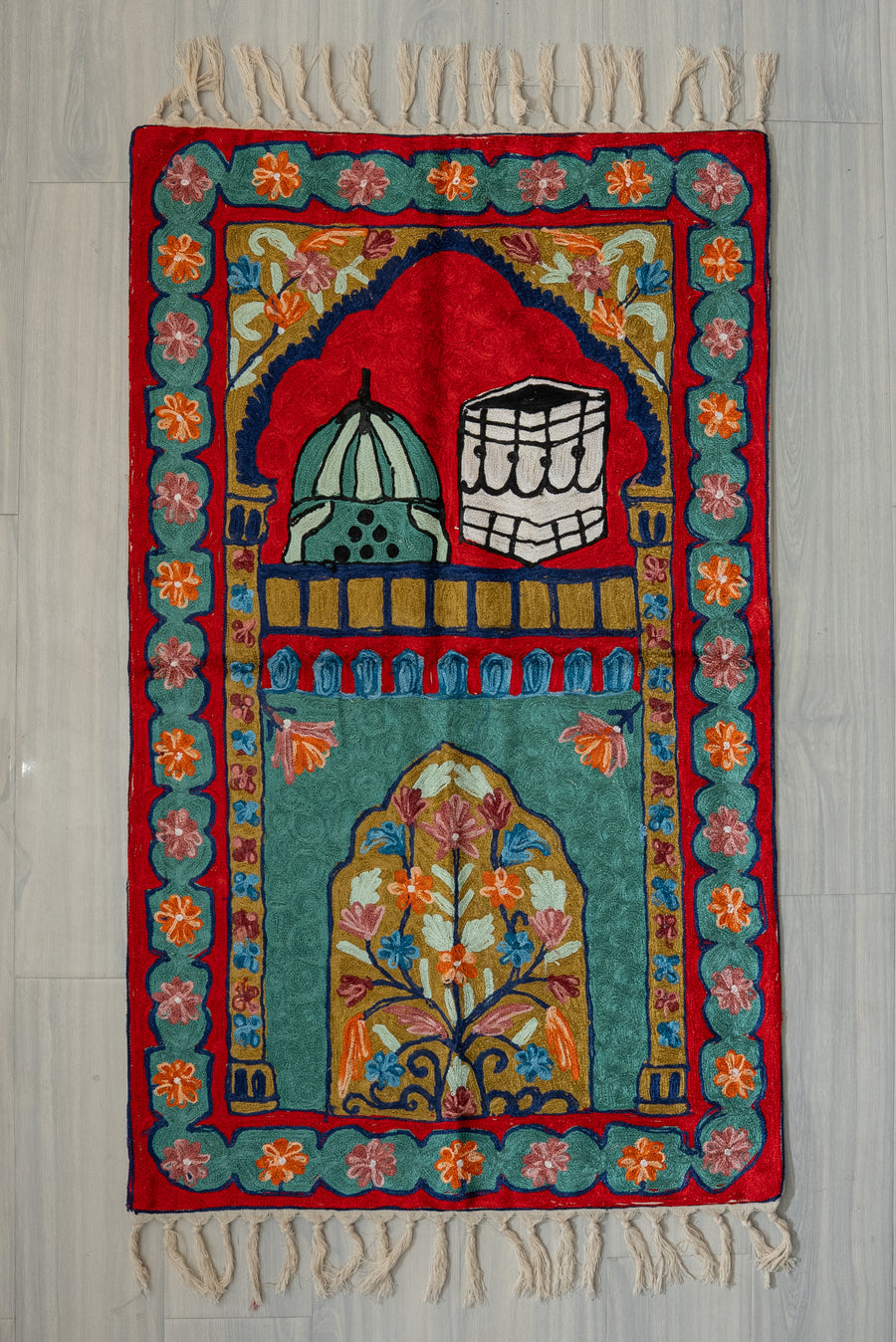 Crimson Sanctuary Dual Motif: Hand Embroidered Jainimaz (Prayer Mat)