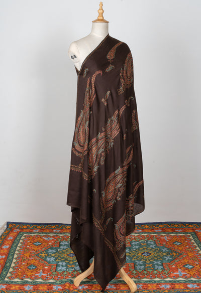 2.5 Yards | Shafaq-e-Tabassum — Sozni Hand-Embroidered Shawl in Deep Cocoa with Paisley Medallions