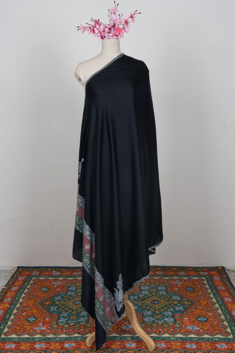 Midnight Regal Charm: Merino wool 2.5 Yards Sozni Hand Embroidered Shawl