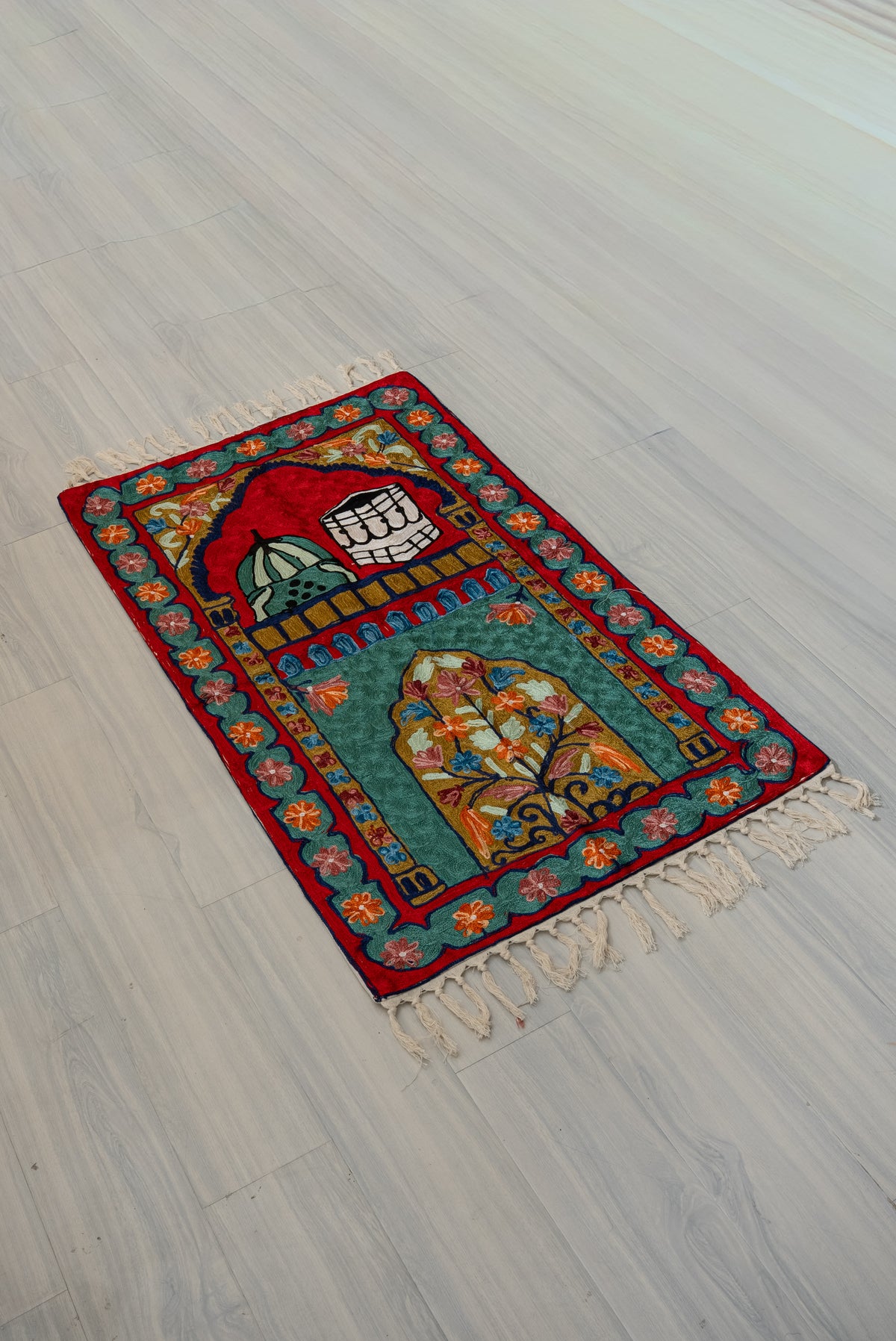 Crimson Sanctuary Dual Motif: Hand Embroidered Jainimaz (Prayer Mat)