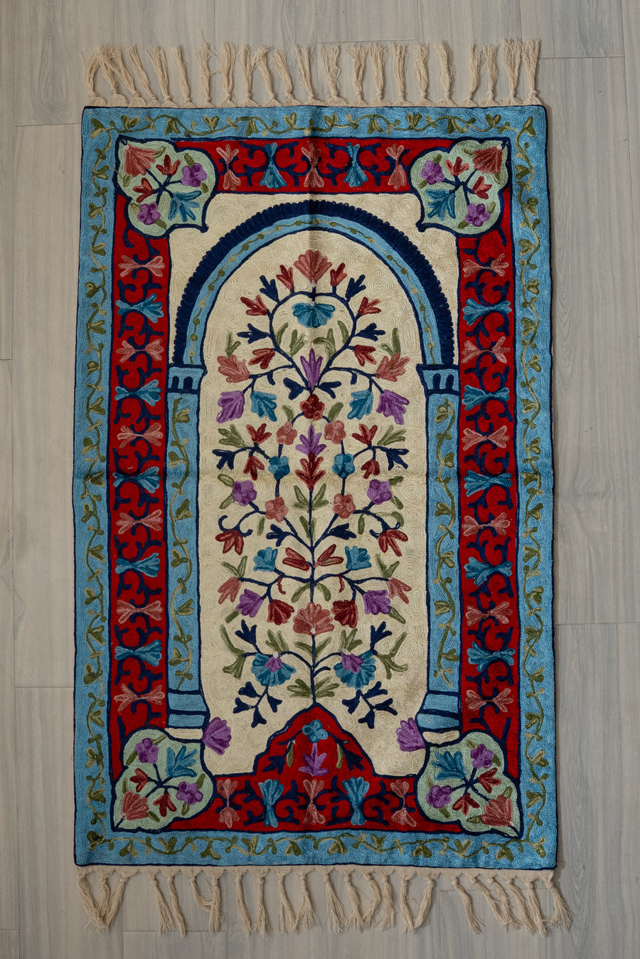 Pastel Garden Arch Elegance: Hand Embroidered Jainimaz (Prayer Mat)