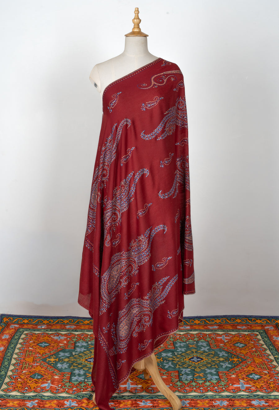 2.5 Yards | Shafaq-e-Tabassum — Sozni Hand-Embroidered Shawl in Deep Cocoa with Paisley Medallions