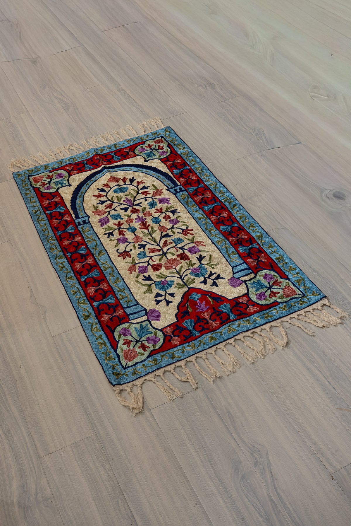 Pastel Garden Arch Elegance: Hand Embroidered Jainimaz (Prayer Mat)