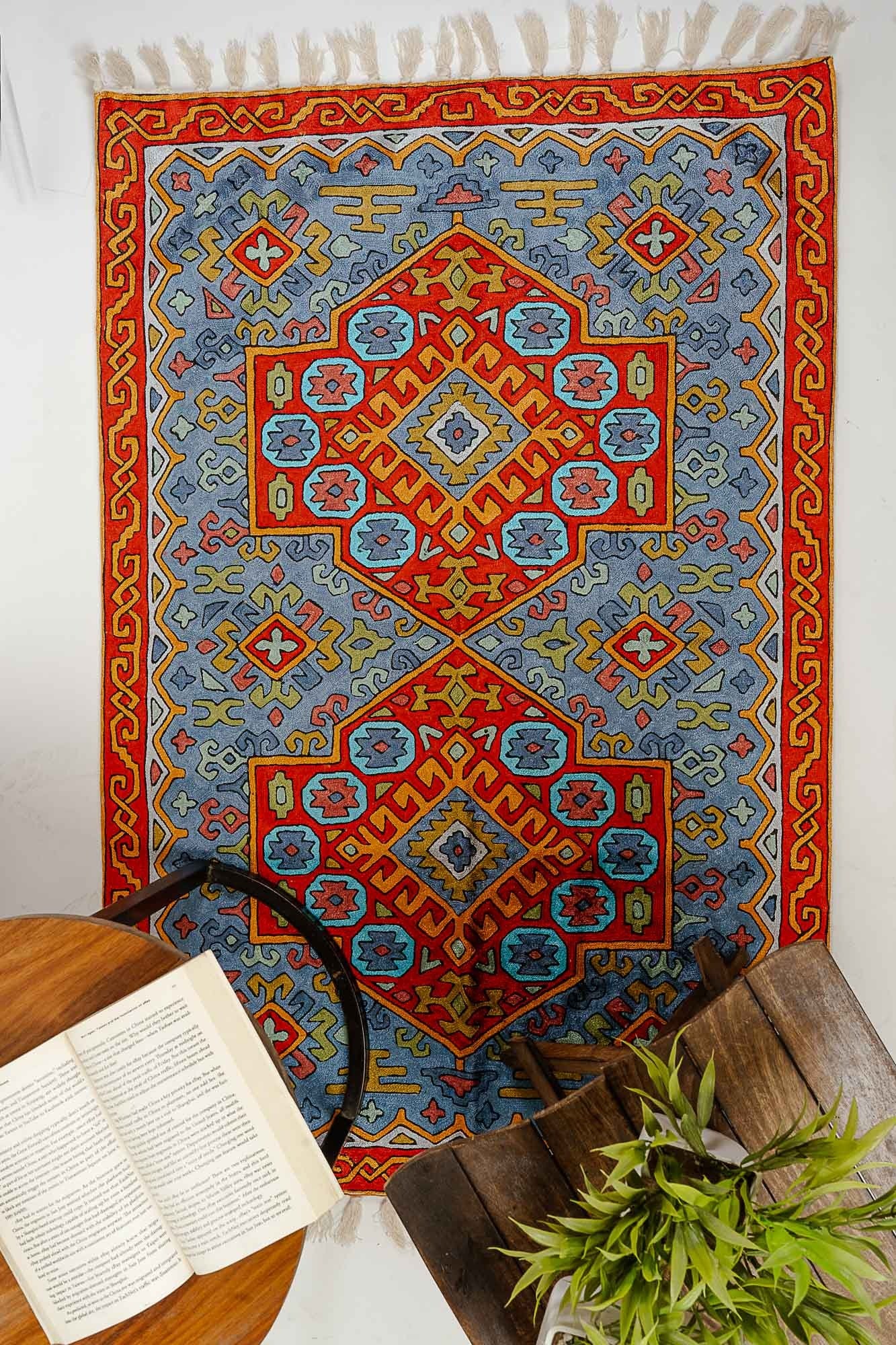 The Turquoise Labyrinth: Hand-Stitched Kashmiri Rug with Geometric Design - KashmKari