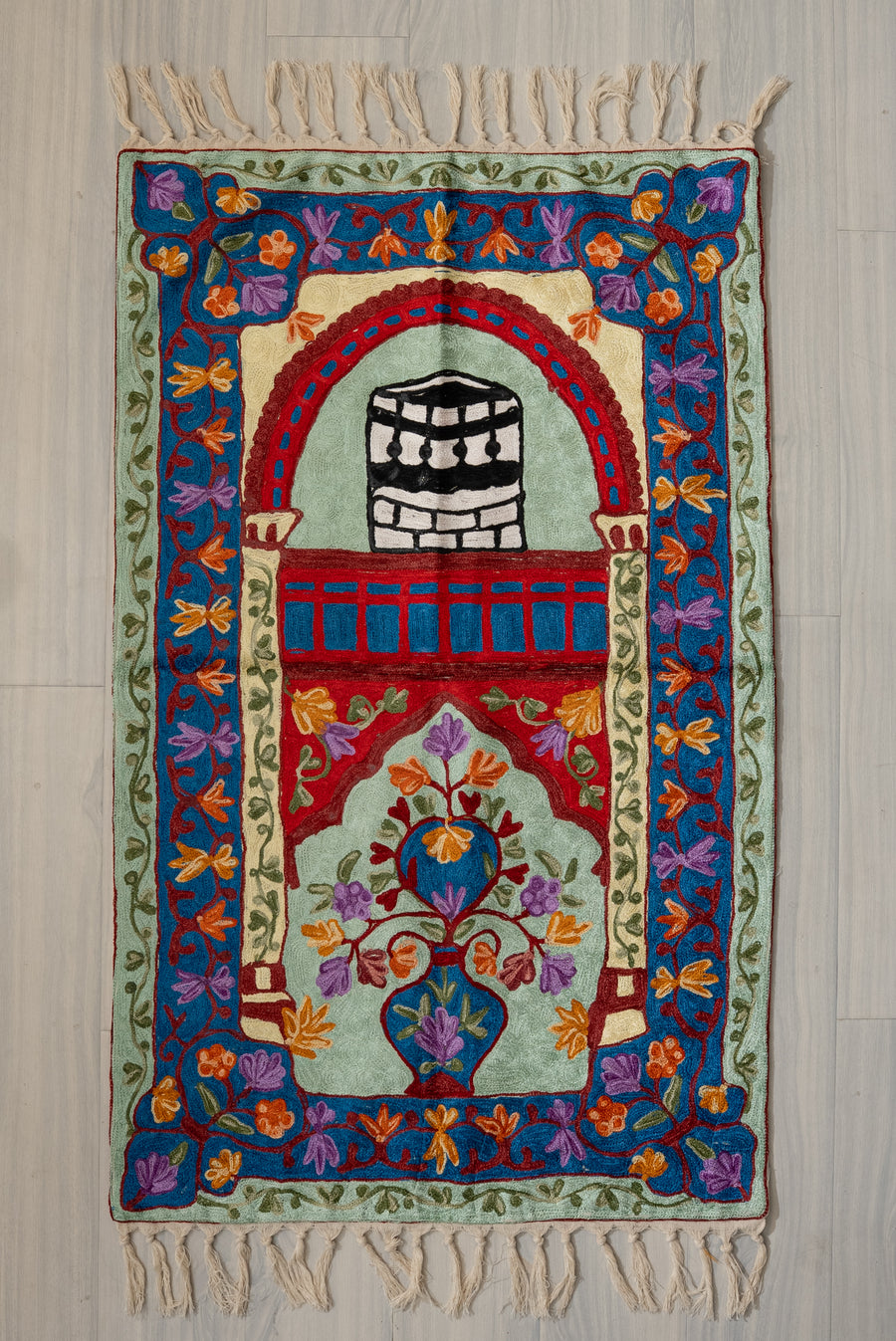 Verdant Arch Bloom: Hand Embroidered Jainimaz (Prayer Mat)