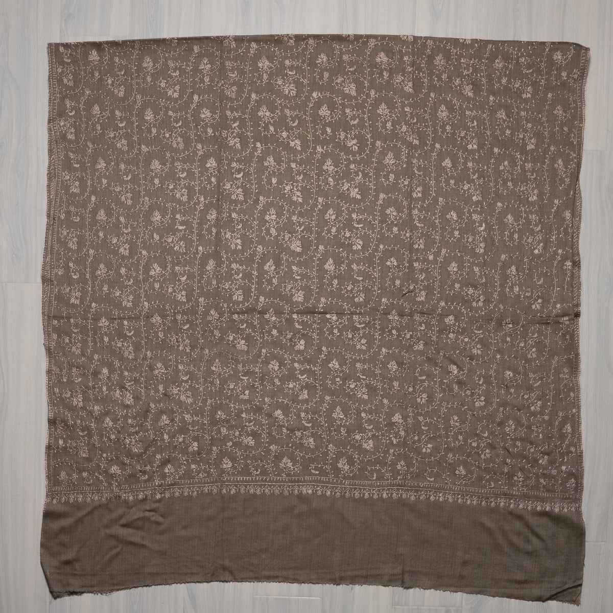 Misty Taupe Floral Veil: Fine Merino Wool Sozni Hand Embroidered 2.5 Yards Shawl