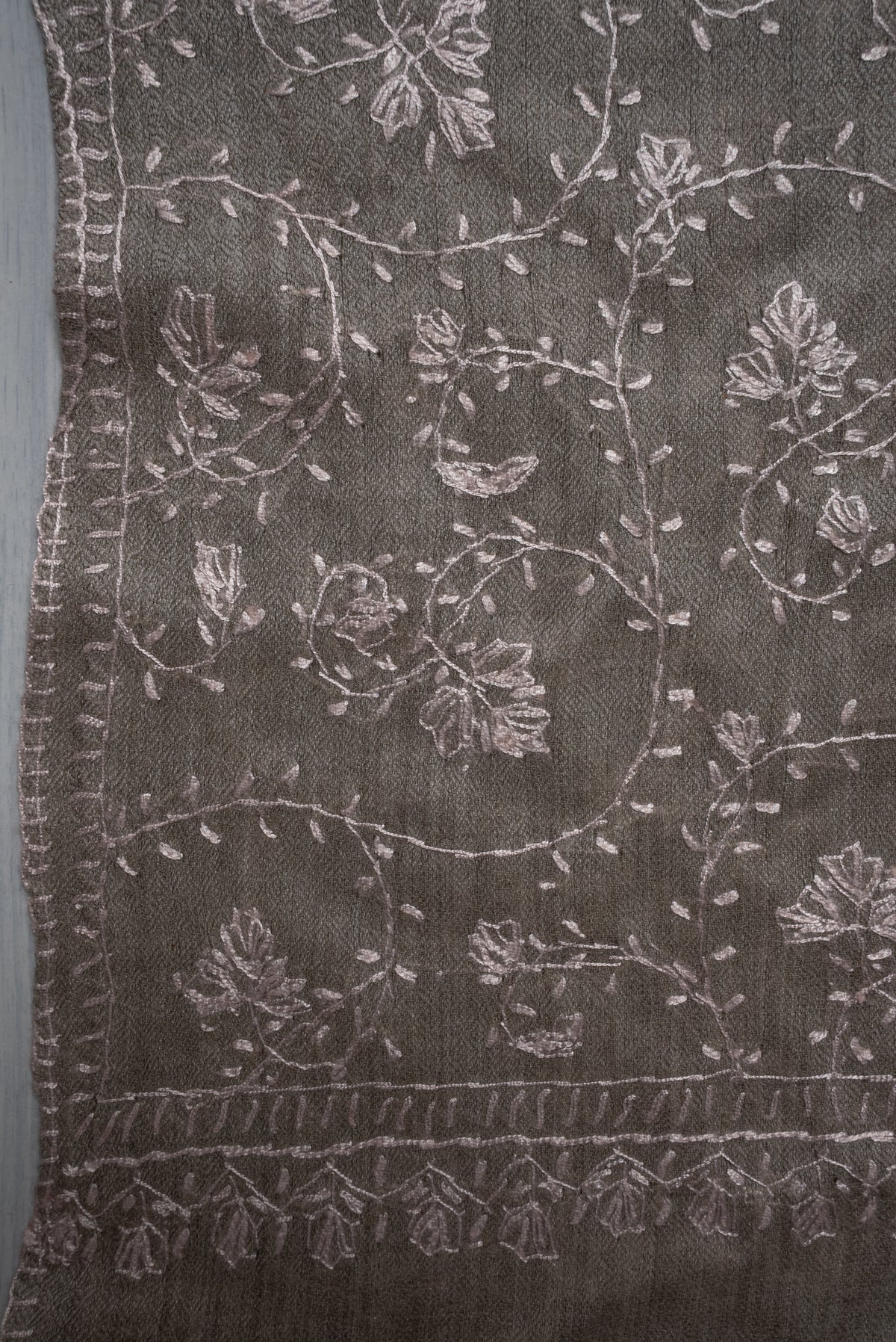 Misty Taupe Floral Veil: Fine Merino Wool Sozni Hand Embroidered 2.5 Yards Shawl