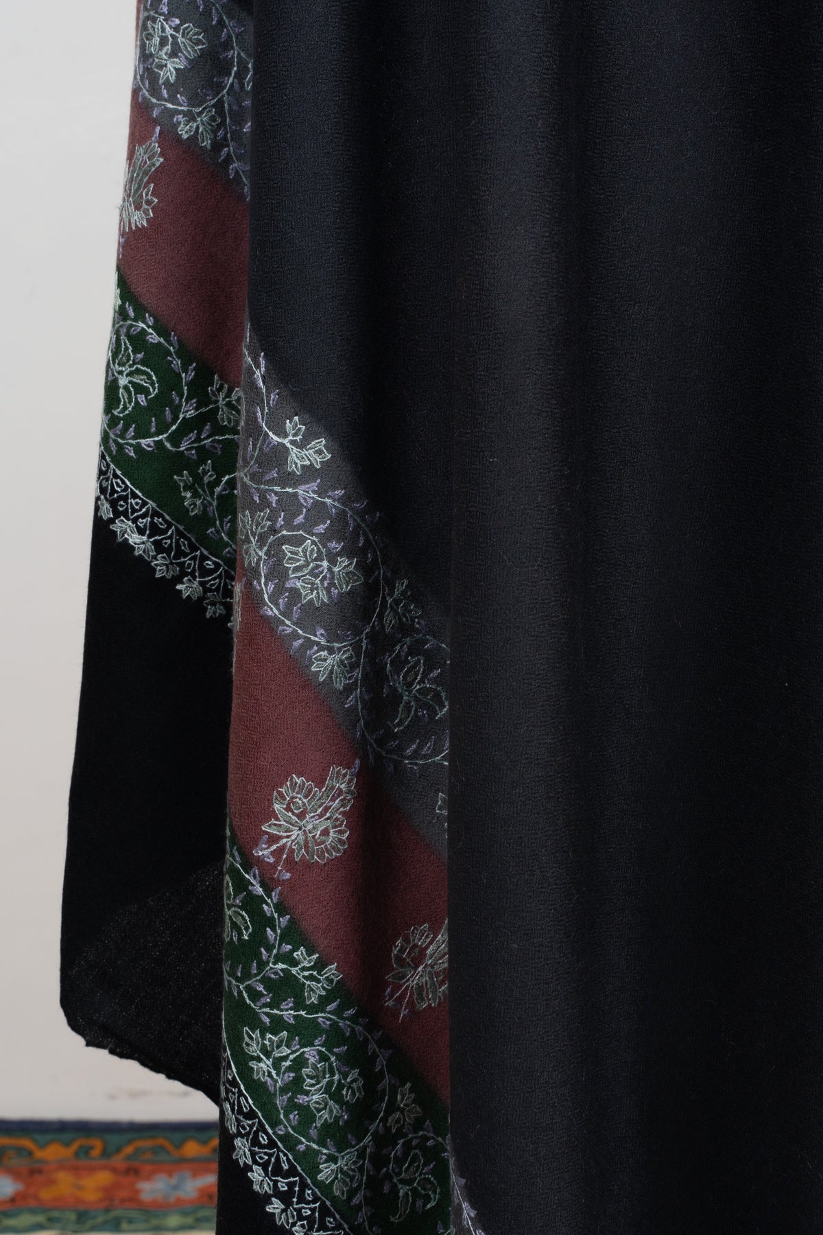 Midnight Regal Charm: Merino wool 2.5 Yards Sozni Hand Embroidered Shawl