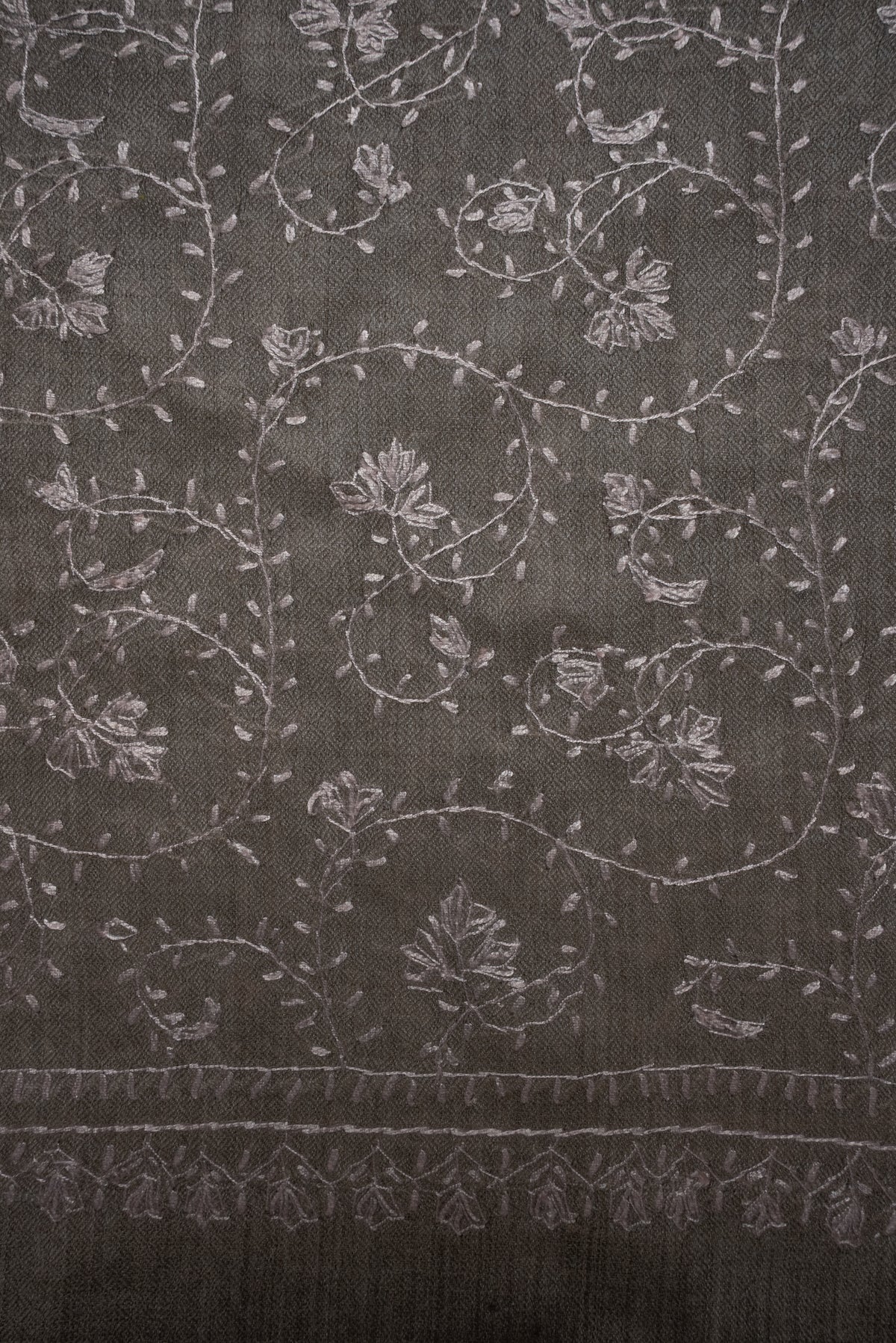 Misty Taupe Floral Veil: Fine Merino Wool Sozni Hand Embroidered 2.5 Yards Shawl