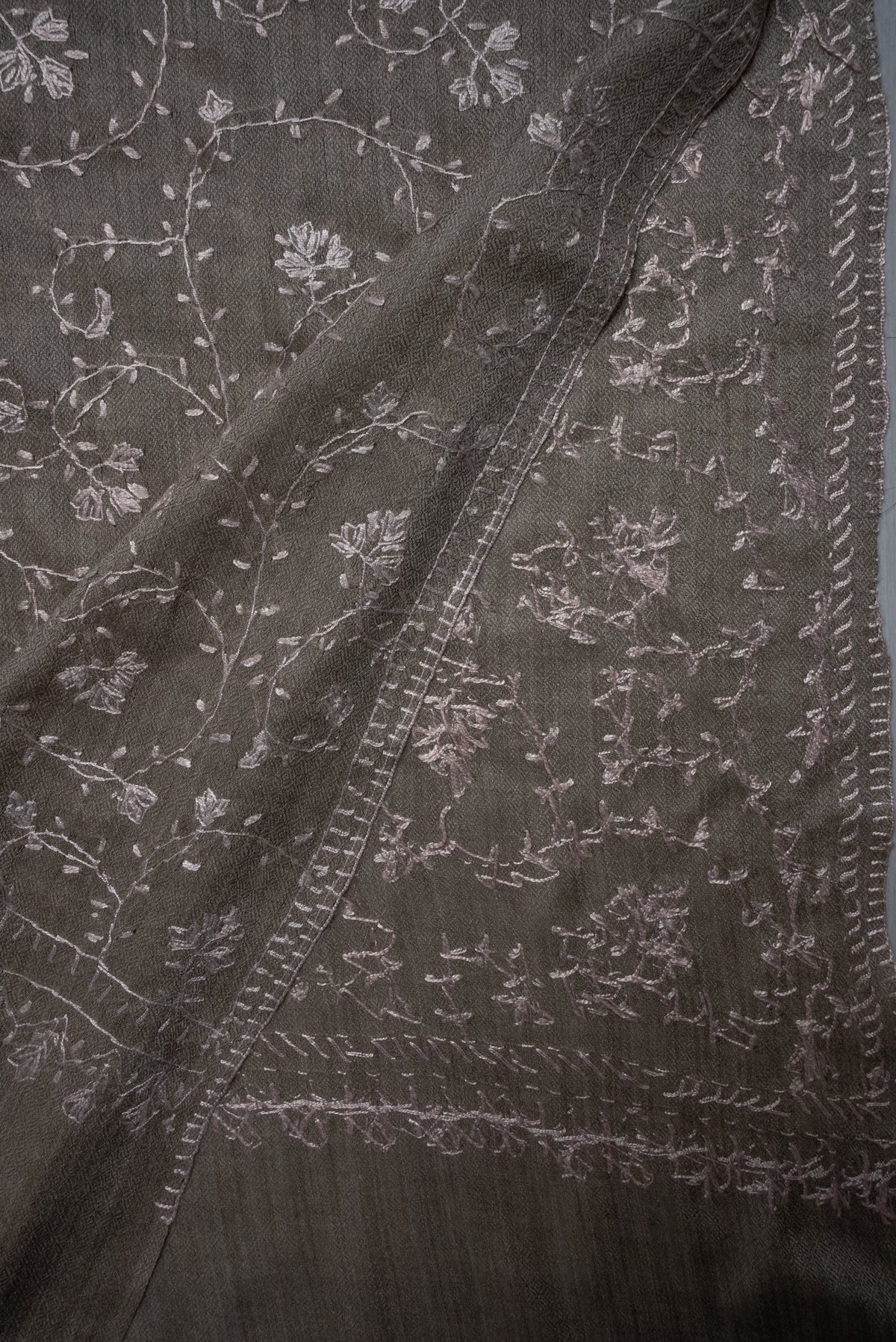 Misty Taupe Floral Veil: Fine Merino Wool Sozni Hand Embroidered 2.5 Yards Shawl