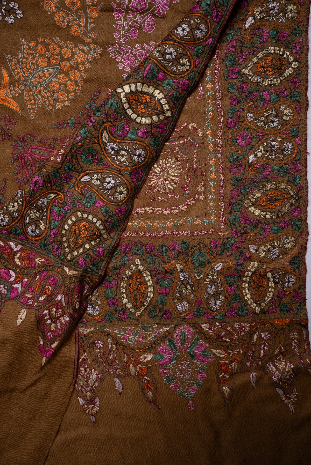 Heritage Amber Garden: Pure Pashmina Sozni Hand Embroidered 2.5 Yards Shawl