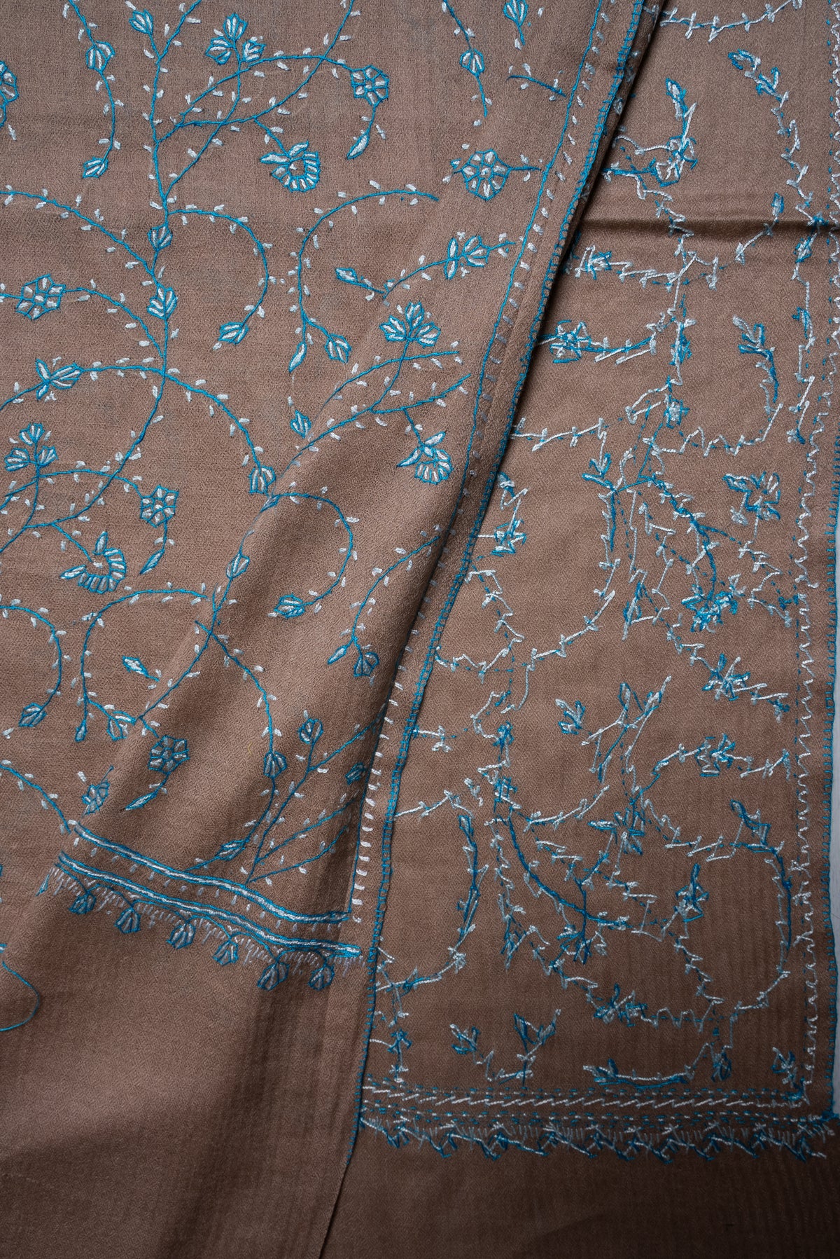 Desert Bloom Azure Vine: Fine Merino Wool Sozni Hand Embroidered 2.5 Yards Shawl
