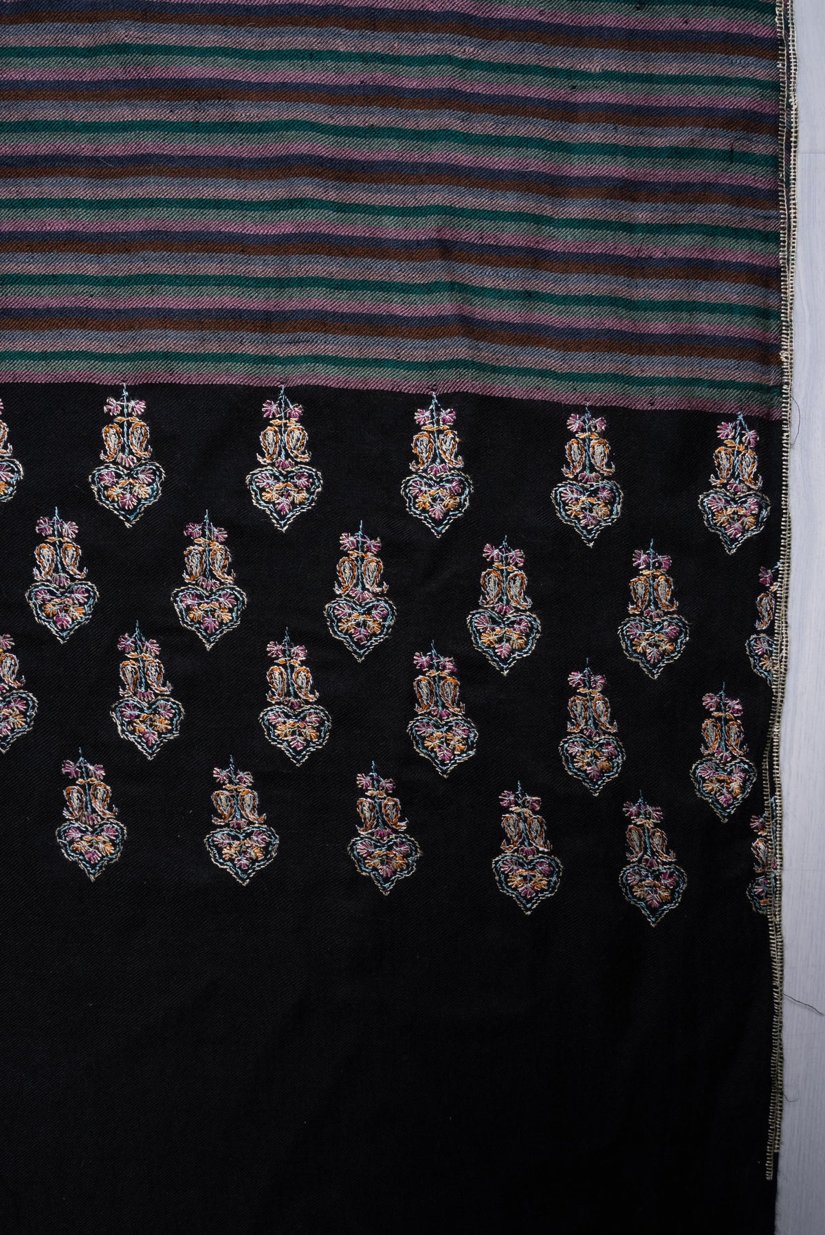 Twilight Stripe Fusion: Pure Pashmina Sozni Hand Embroidered Shawl