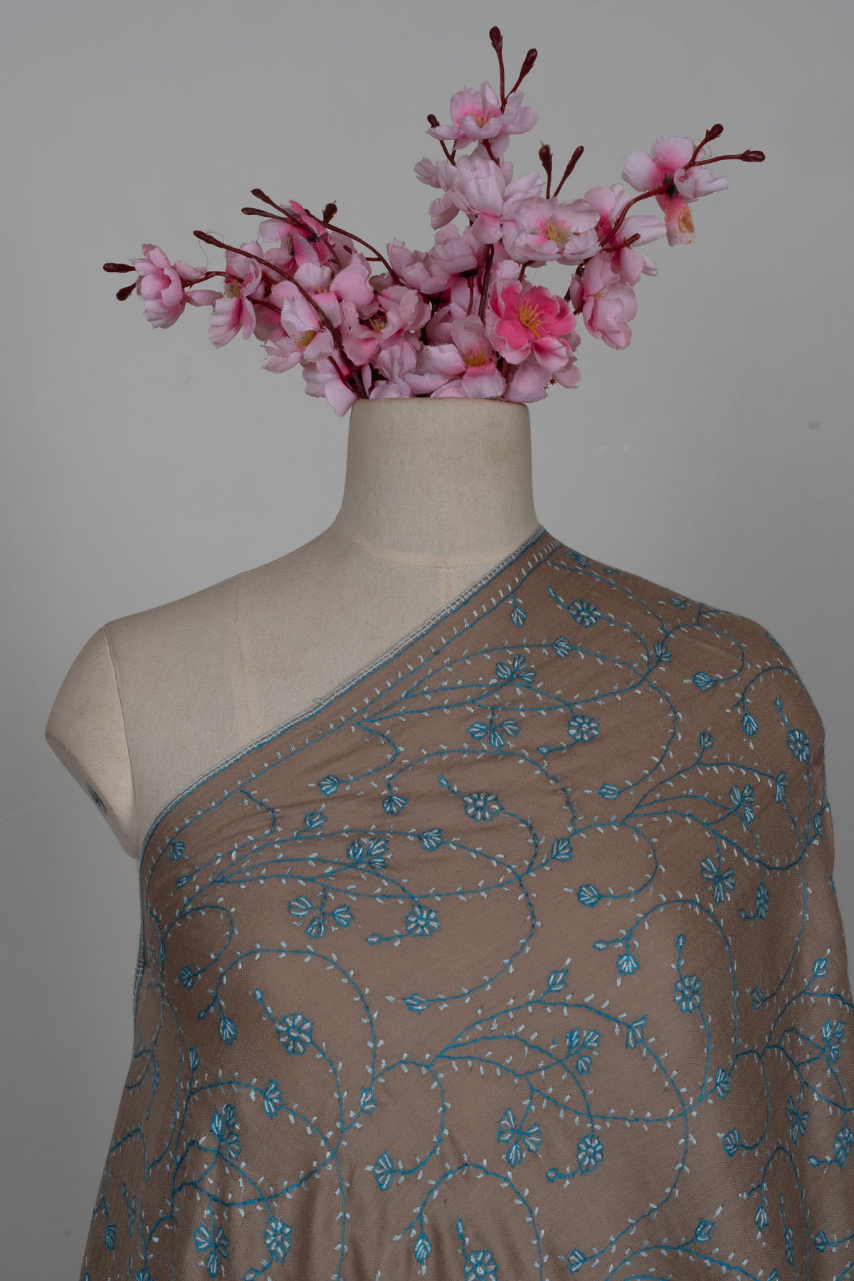 Desert Bloom Teal: Merino wool 2.5 Yards Sozni Hand Embroidered Shawl