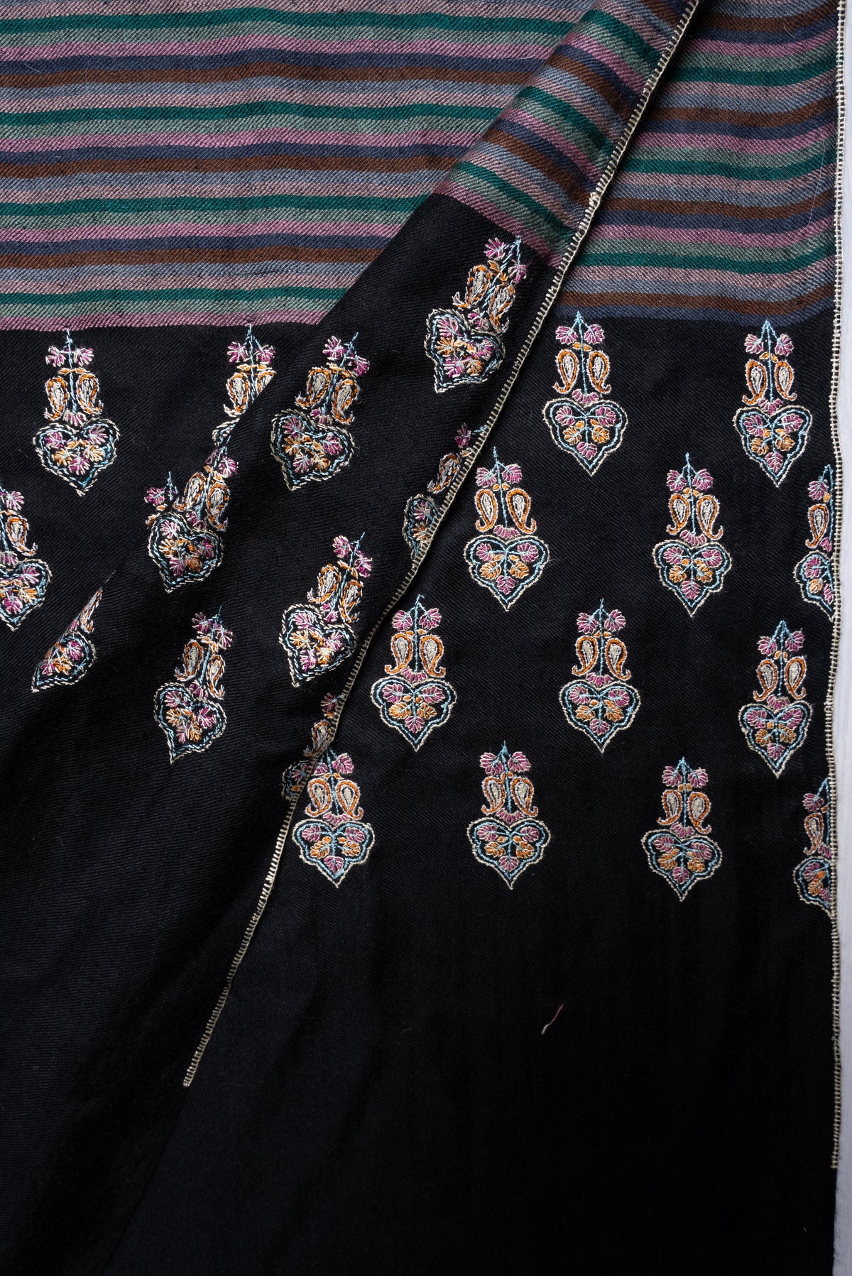 Twilight Stripe Fusion: Pure Pashmina Sozni Hand Embroidered Shawl