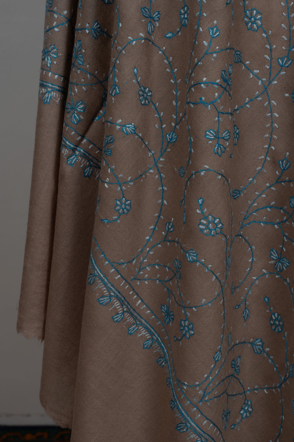 Desert Bloom Teal: Merino wool 2.5 Yards Sozni Hand Embroidered Shawl