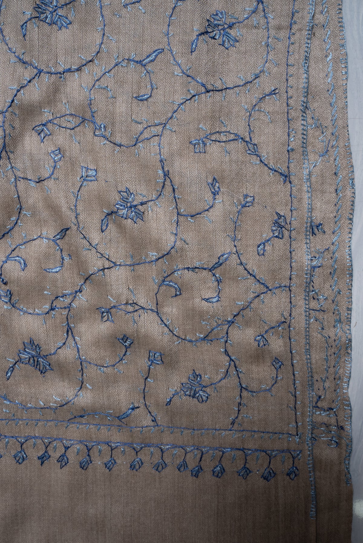 Mist Grey Floral Trail: Merino Wool Hand Embroidered 2.5 Yards Shawl