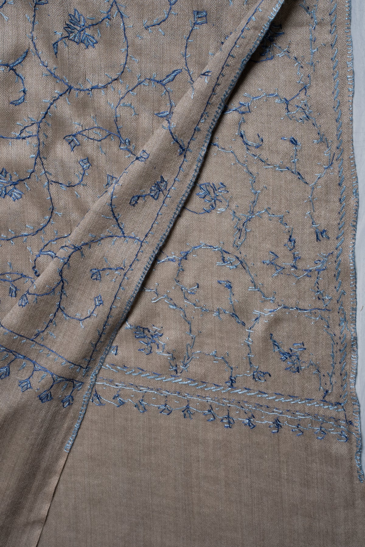 Mist Grey Floral Trail: Merino Wool Hand Embroidered 2.5 Yards Shawl