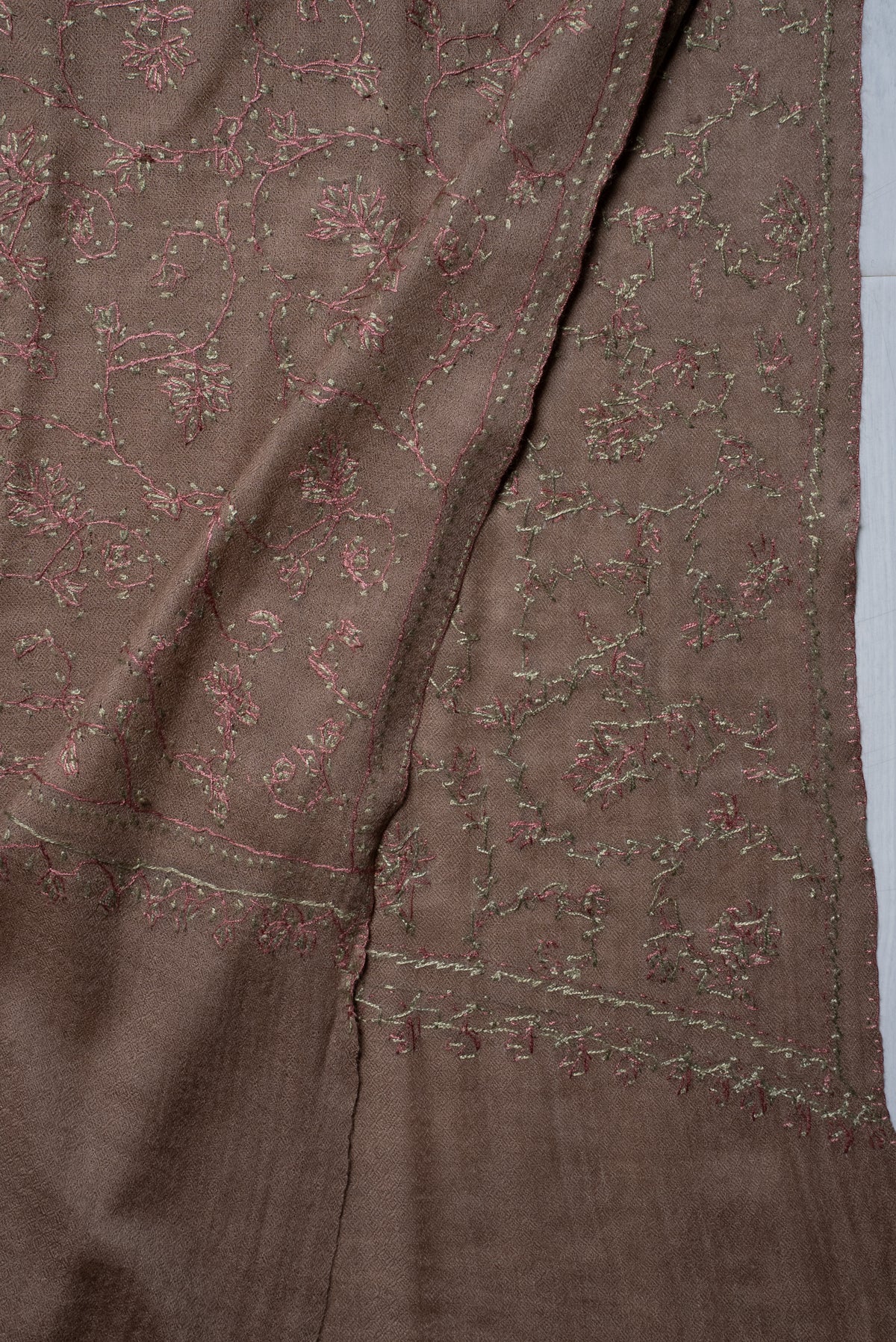 Cocoa Rose Whisper: Merino Wool Hand Embroidered 2.5 Yards Shawl