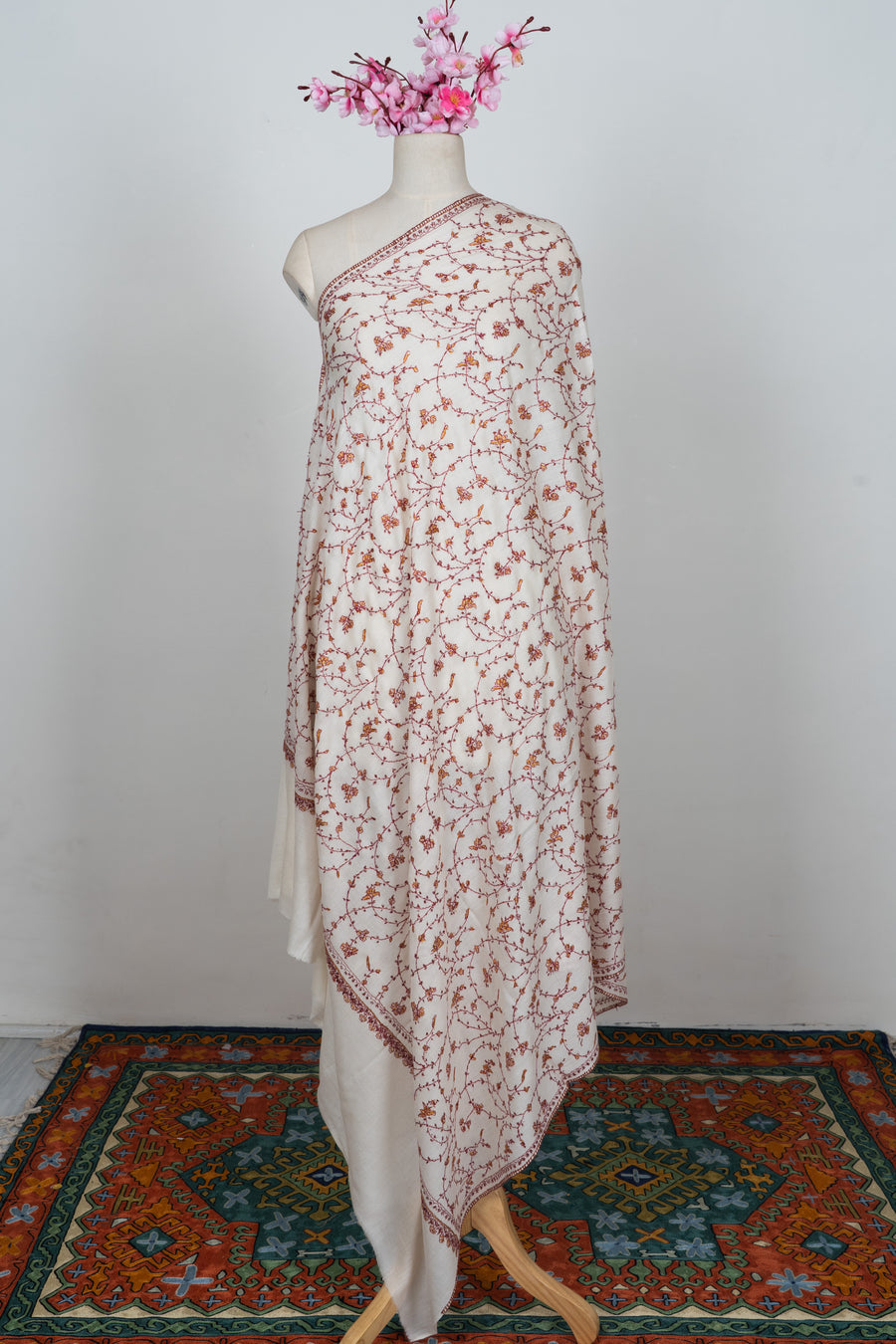 Blossom Vine Ivory: Merino wool 2.5 Yards Sozni Hand Embroidered Shawl